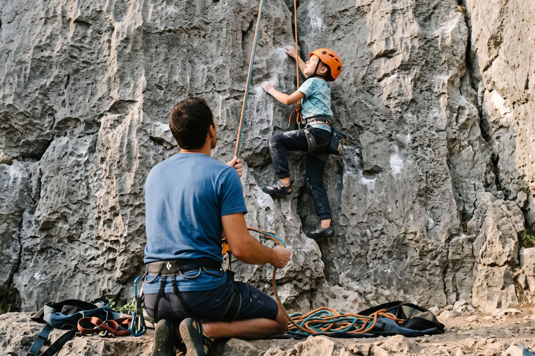 Arrampicata su falesia con bambini e istruttore