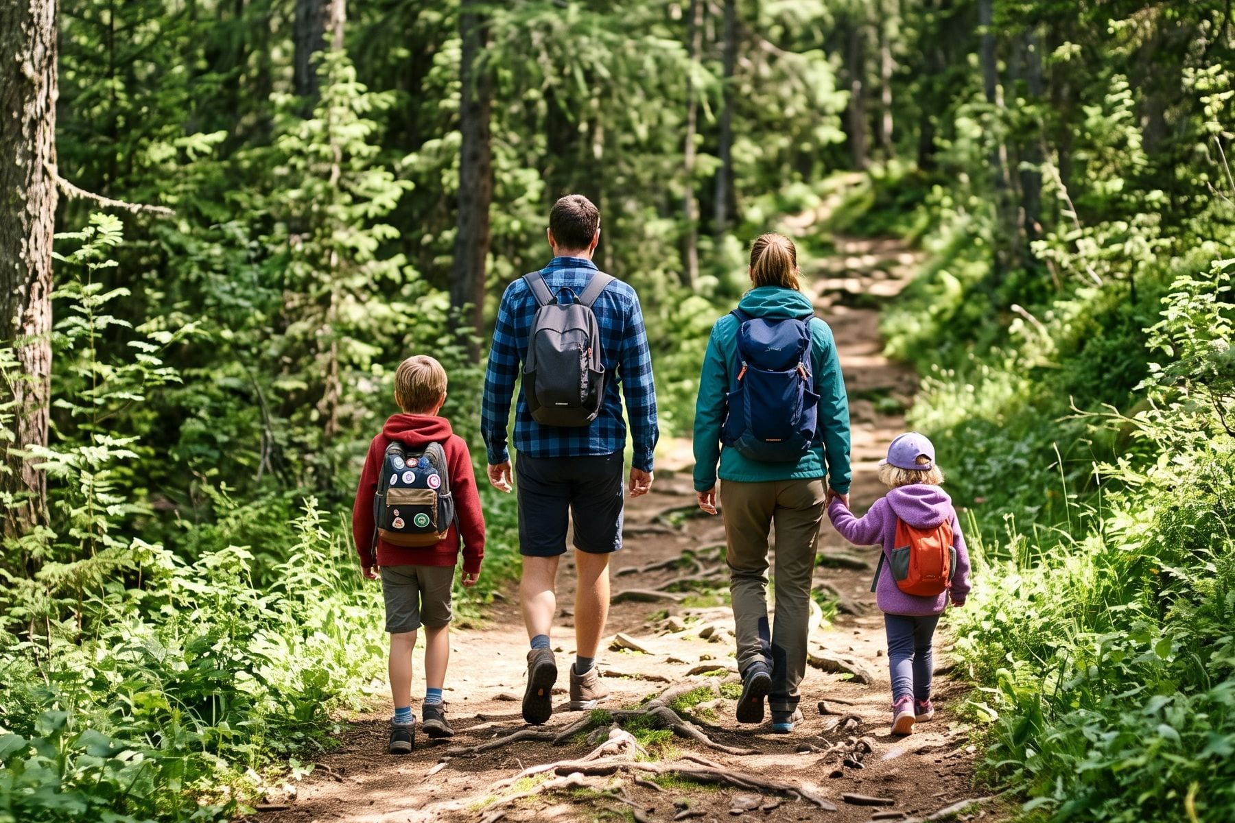 Famiglia in cammino su un sentiero nel bosco estivo